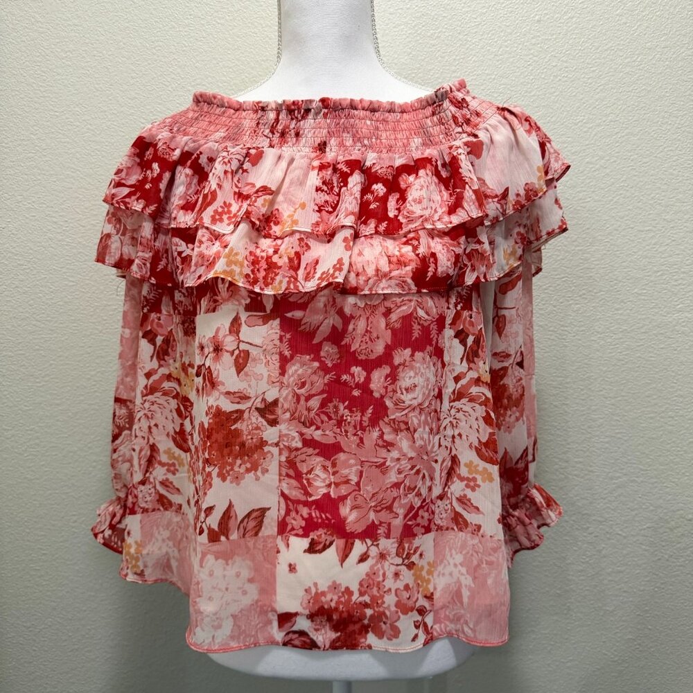 Rachel Zoe red, pink floral sheer off the shoulder ruffled blouse, Medium